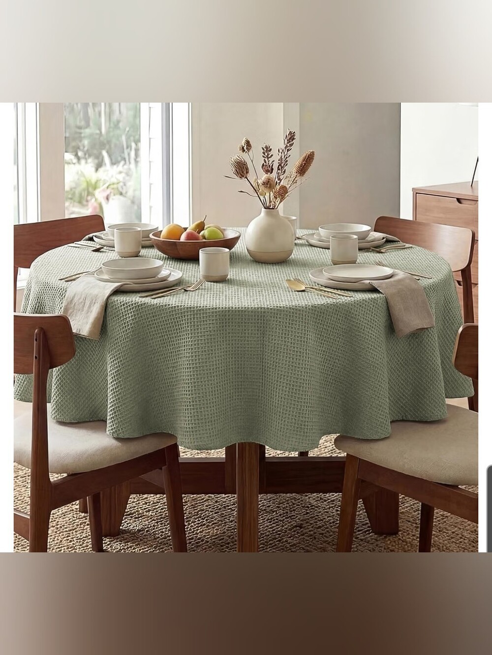 Waffle-Texture 70 Inch Round Tablecloth in Sage Green